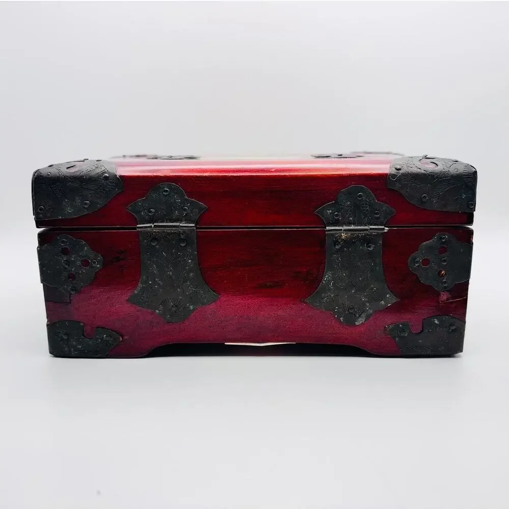 Chinese Hangzhou Wood Jewelry Box Carved Green Stone Metal Hardware